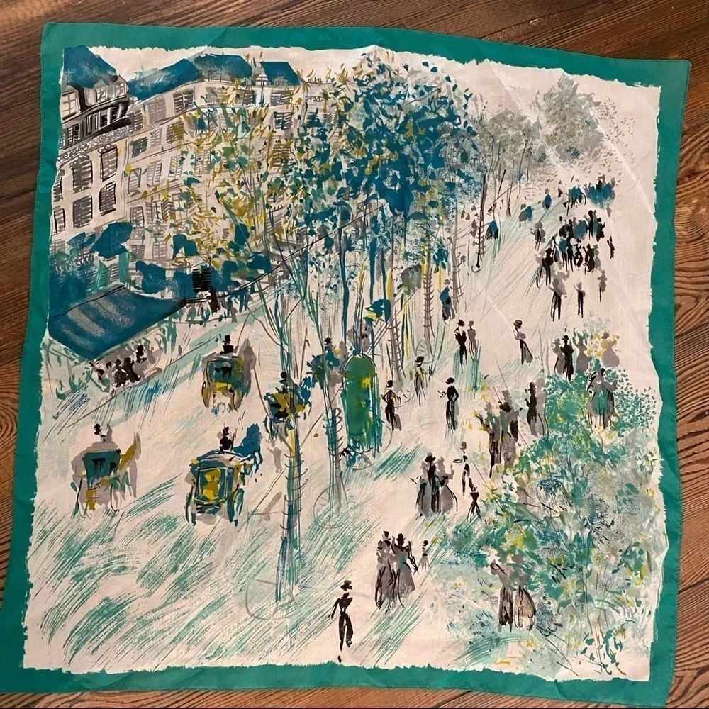 Vintage 26” x 26” Green Vintage Abstract Art City People Scenic View scarf - Picture 8 of 11
